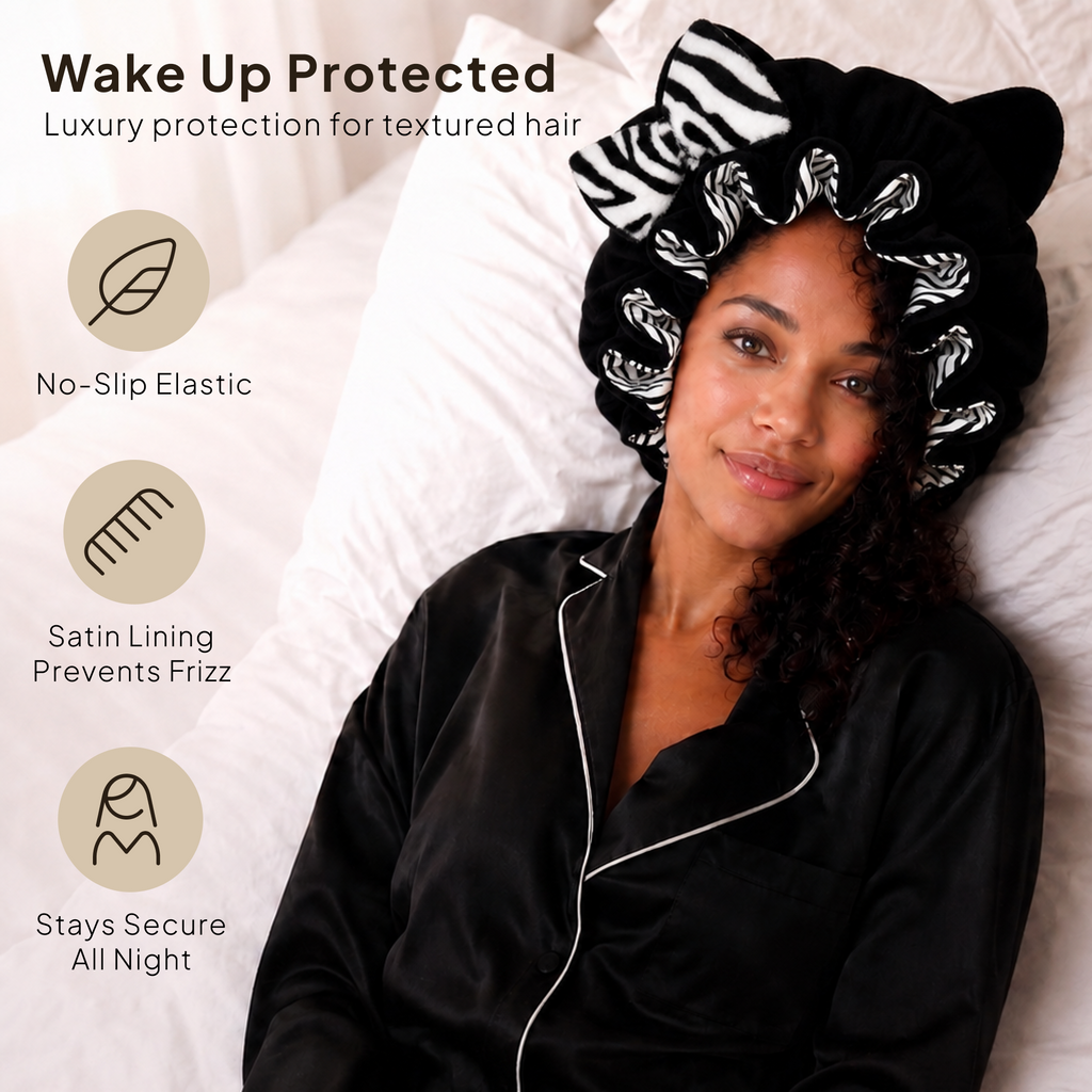 Black Zebra Satin-Lined Plush Bonnet