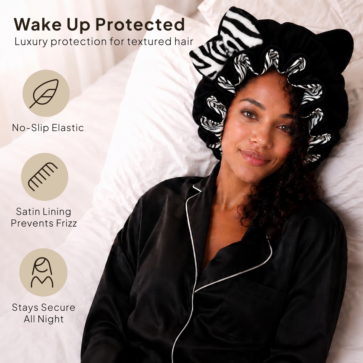Black Zebra Satin-Lined Plush Bonnet