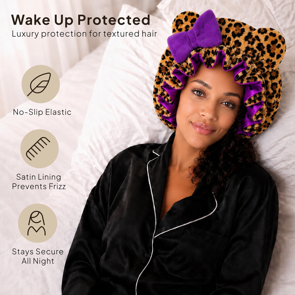 Purple Leopard Satin-Lined Plush Bonnet