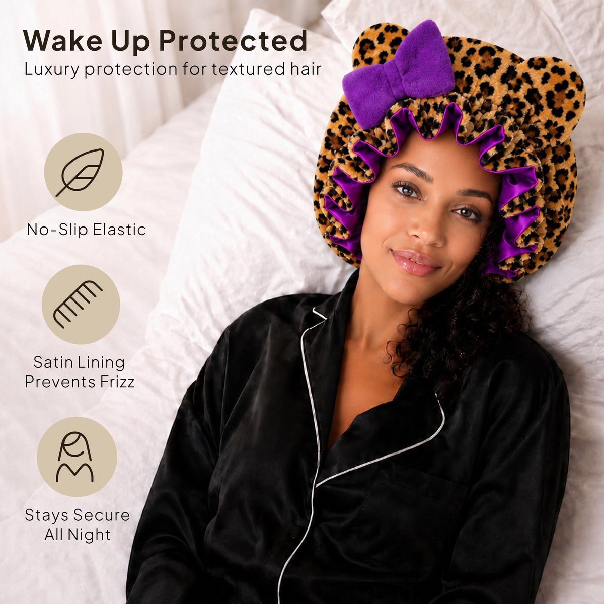Purple Leopard Satin-Lined Plush Bonnet