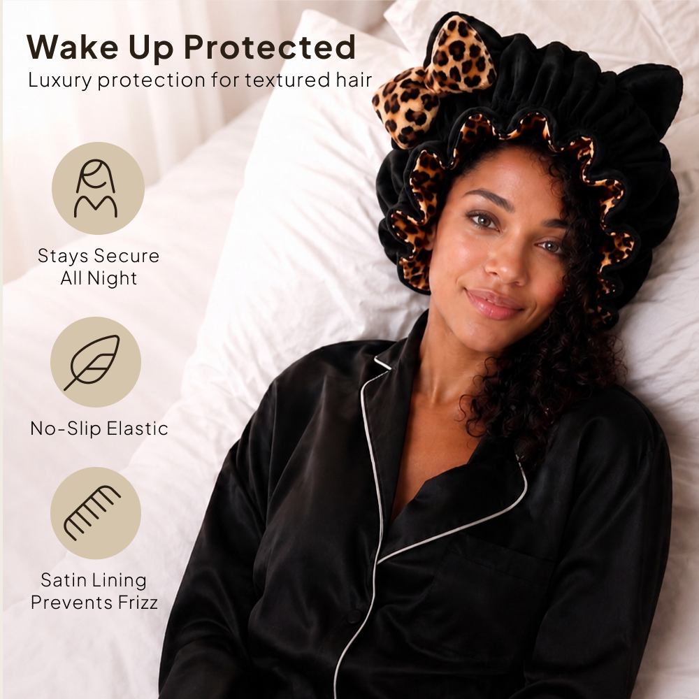 Black Leopard Satin-Lined Plush Bonnet