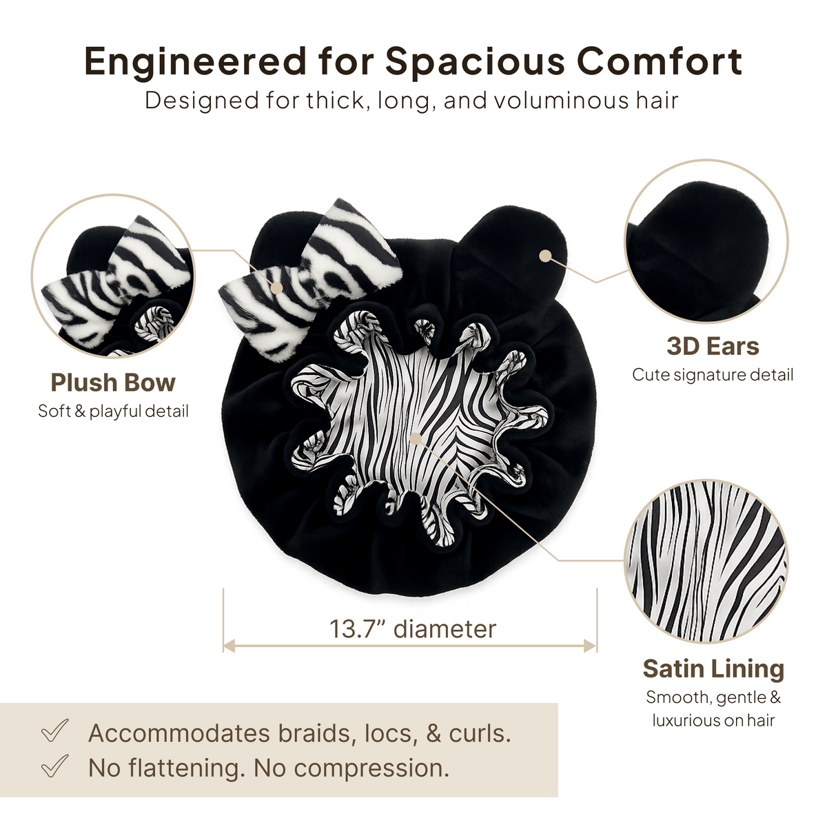 Black Zebra Satin-Lined Plush Bonnet