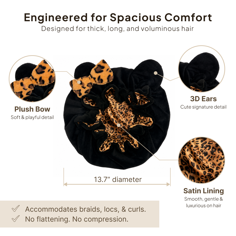 Black Leopard Satin-Lined Plush Bonnet