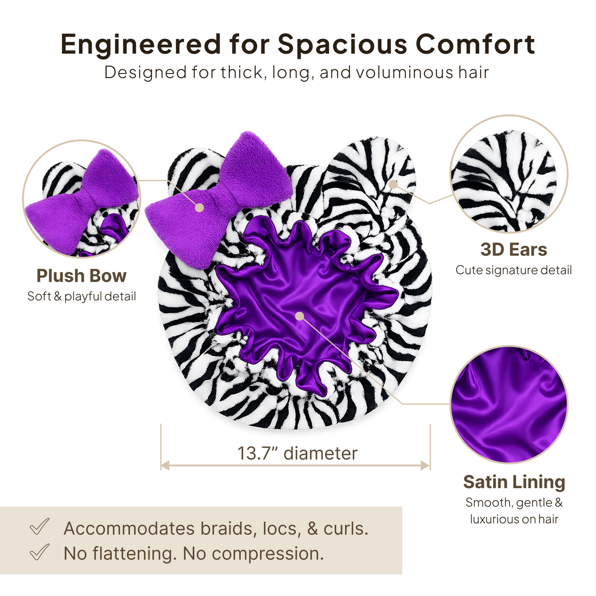 Purple Zebra Satin-Lined Plush Bonnet