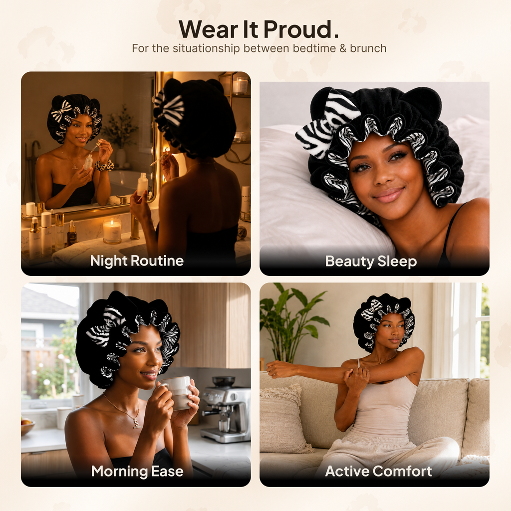 Black Zebra Satin-Lined Plush Bonnet
