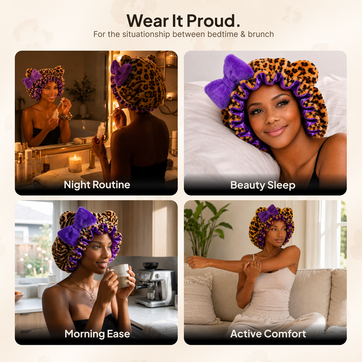 Purple Leopard Satin-Lined Plush Bonnet