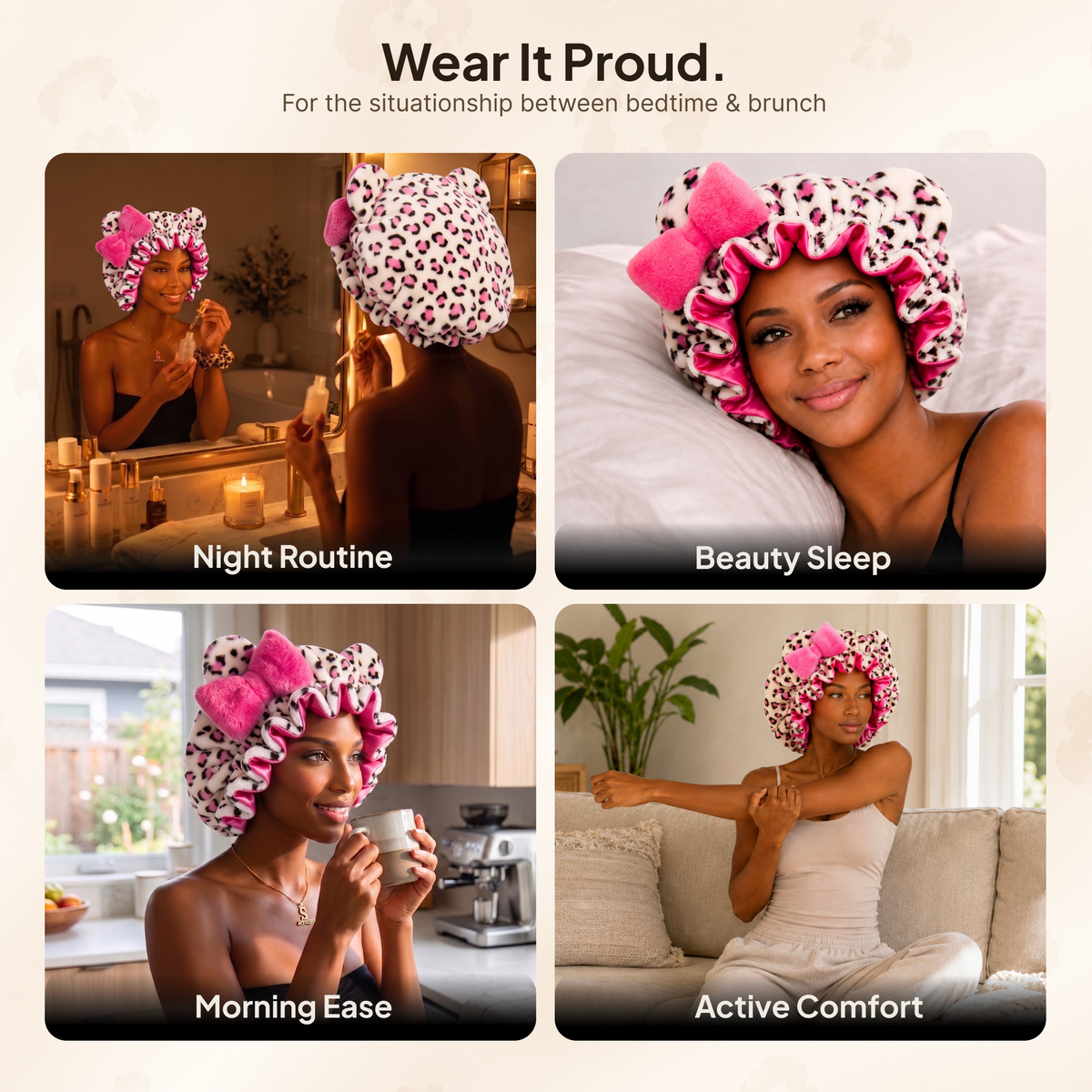 Pink Leopard Satin-Lined Plush Bonnet