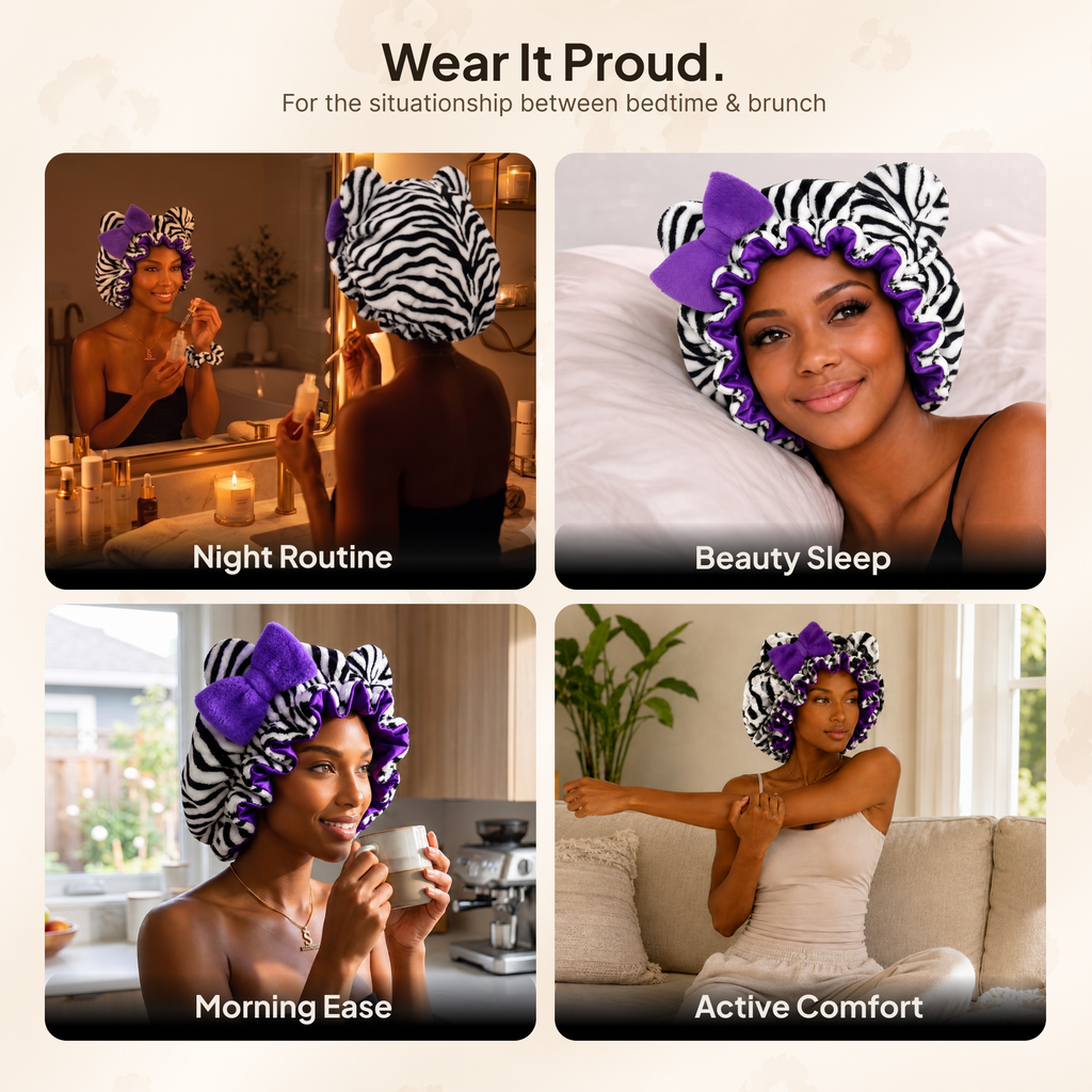 Purple Zebra Satin-Lined Plush Bonnet