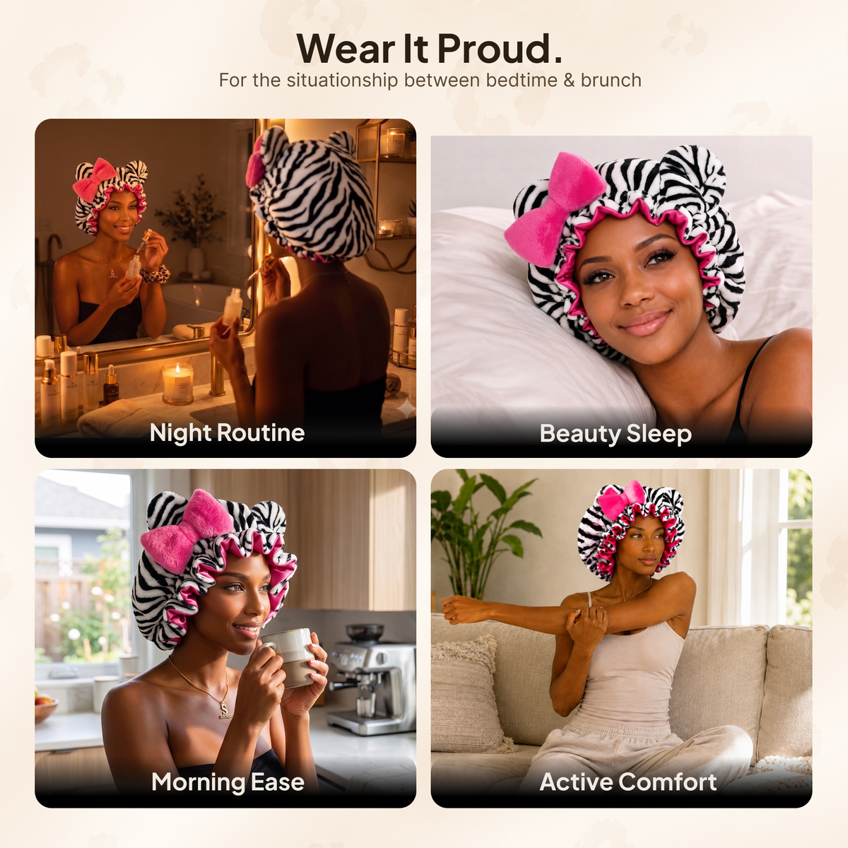 Pink Zebra Satin-Lined Plush Bonnet