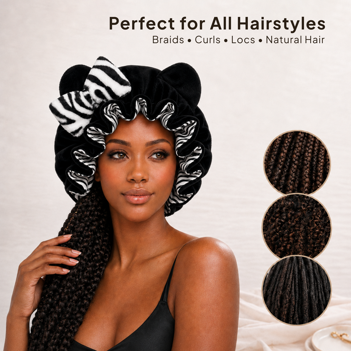 Black Zebra Satin-Lined Plush Bonnet