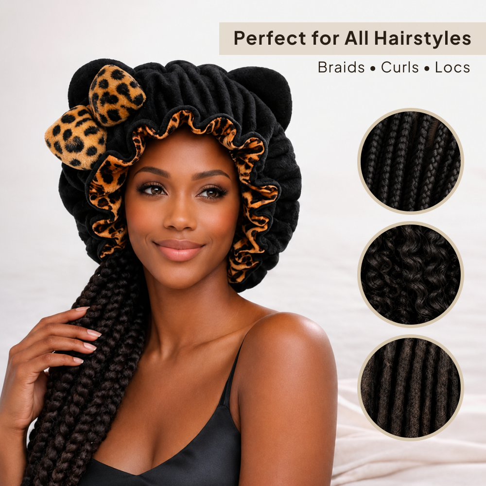 Black Leopard Satin-Lined Plush Bonnet