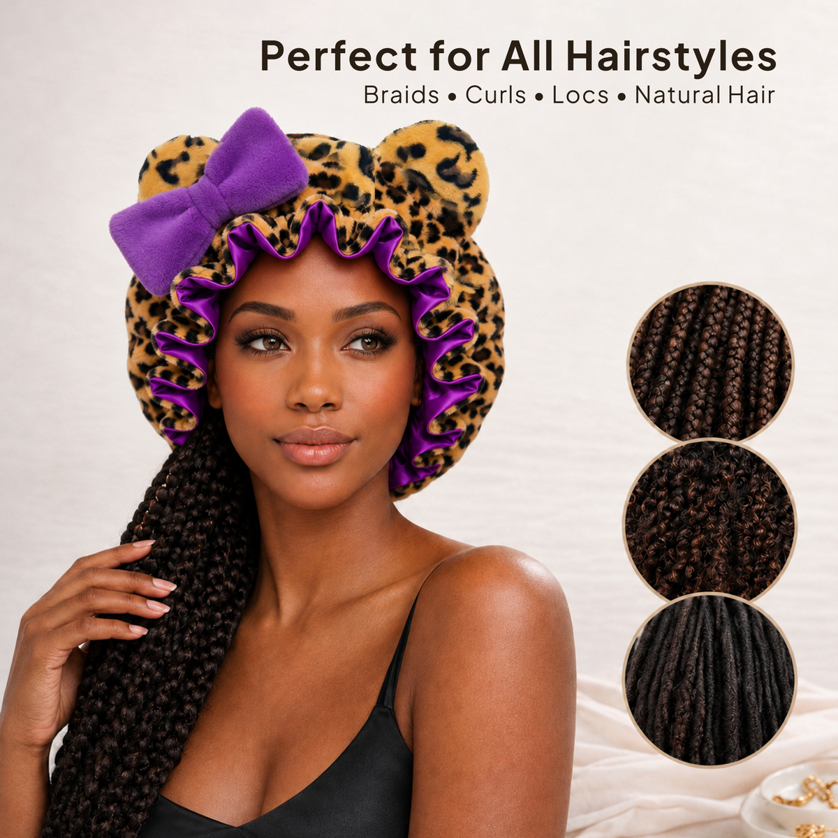Purple Leopard Satin-Lined Plush Bonnet