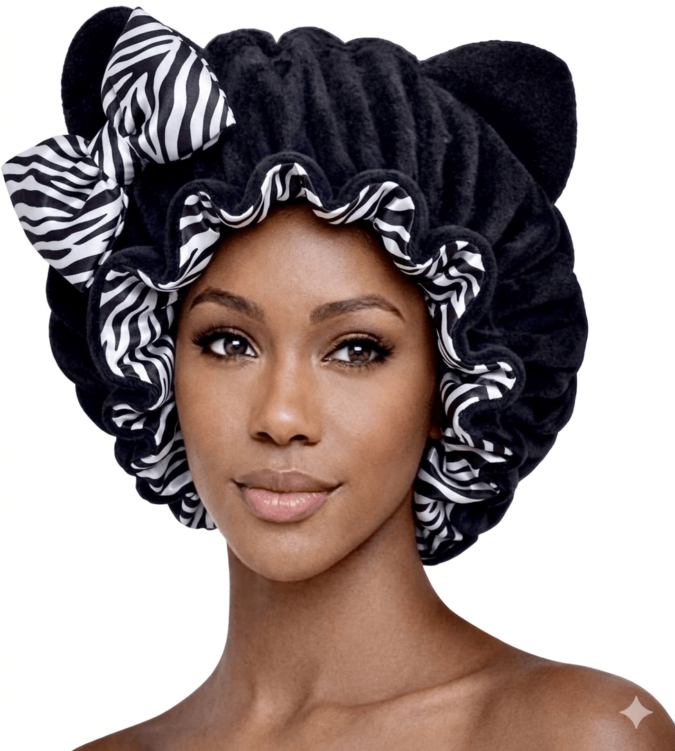 Black Zebra Satin Plush Bonnet - Sultresse